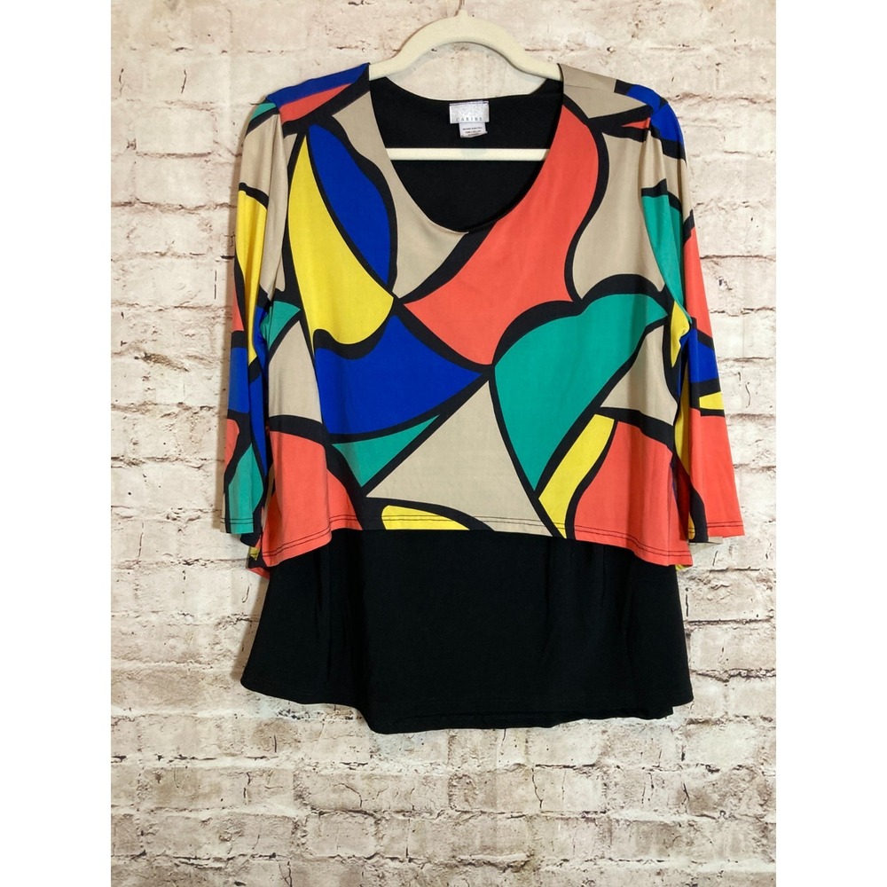 Caribe Artsy Top Womens Large Colorful‎ Abstract Art Print Layered Stretchy